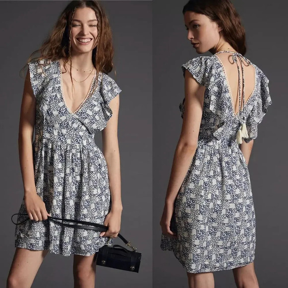 Anthropologie Tunic Mini‎ Dress Floral Print V-Neck Plunge Blue White Size Small - Picture 1 of 12